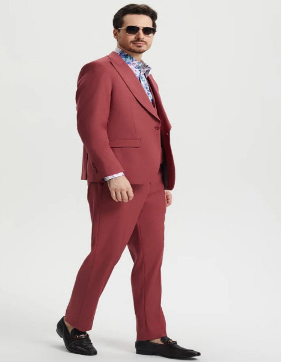 Men's One Button Peak Lapel Side Vent Flat Front Pant Suit in Coral Blush Pink - Coat Size 38