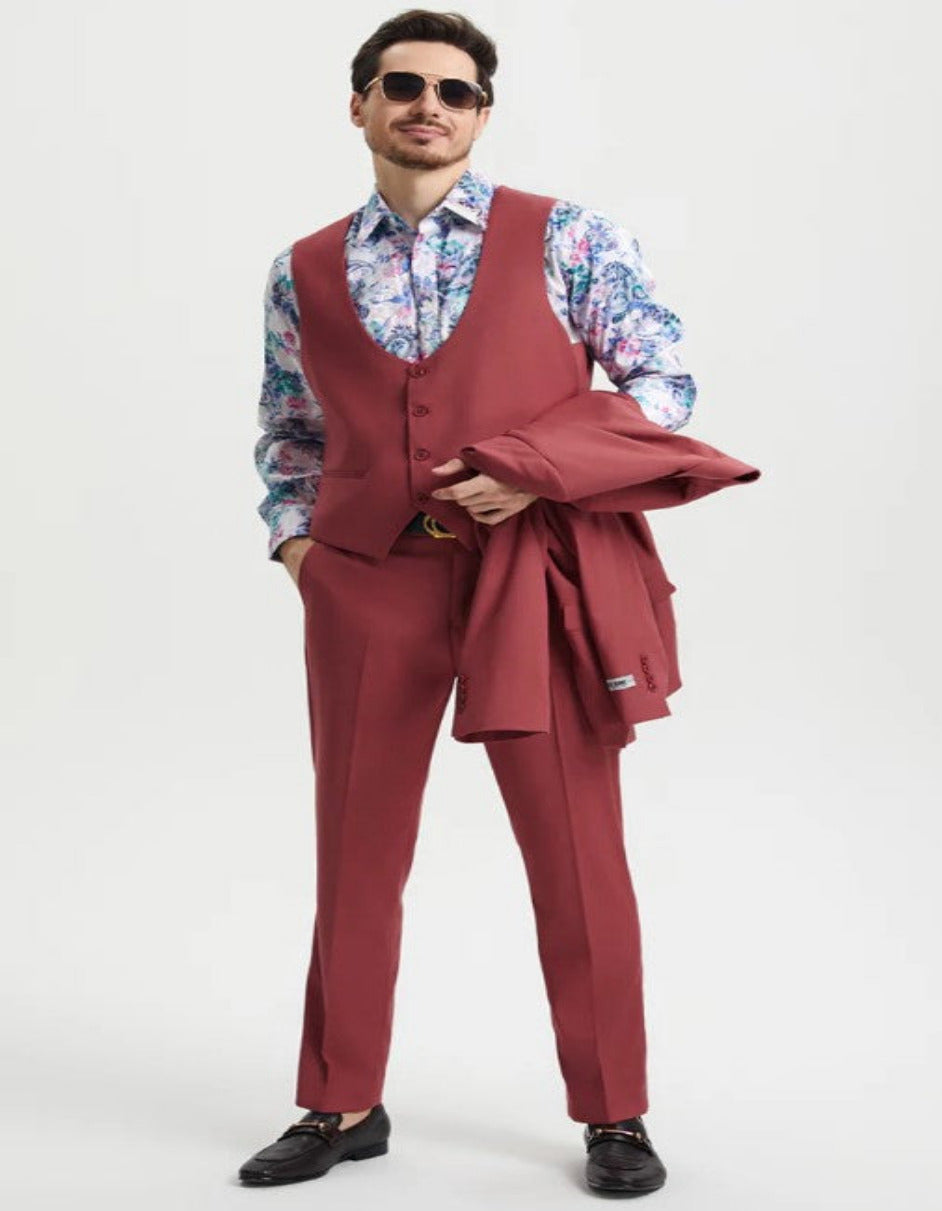 Men's One Button Peak Lapel Side Vent Flat Front Pant Suit in Coral Blush Pink - Coat Size 38