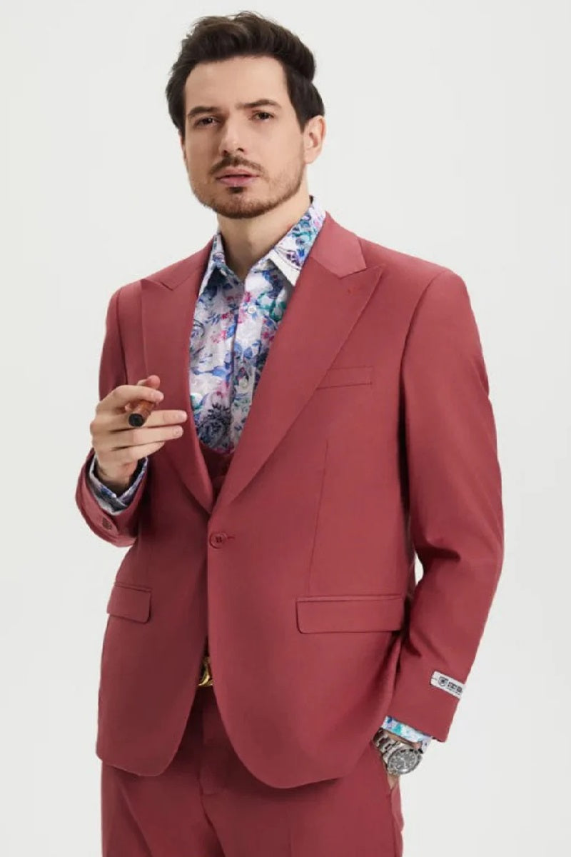 Men's One Button Peak Lapel Side Vent Flat Front Pant Suit in Coral Blush Pink - Coat Size 38