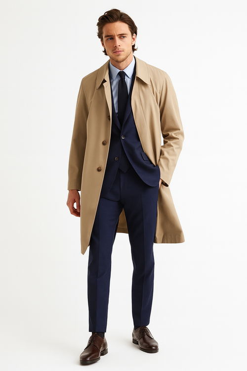 Mens Beige Trench Coat Classic Long Overcoat with Button Front - Raincoat in Khaki Color