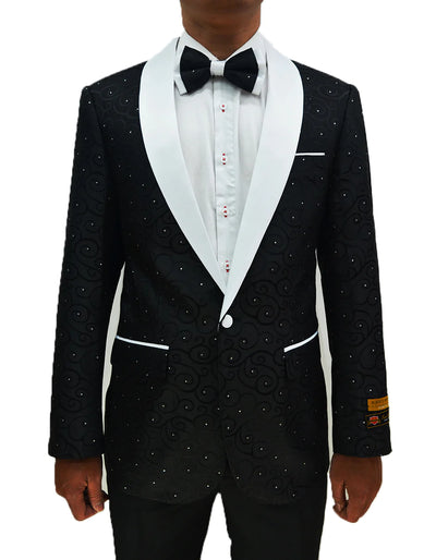 Men's Swirl & Diamond Pattern Prom 2026 Tuxedo Jacket in Black & White