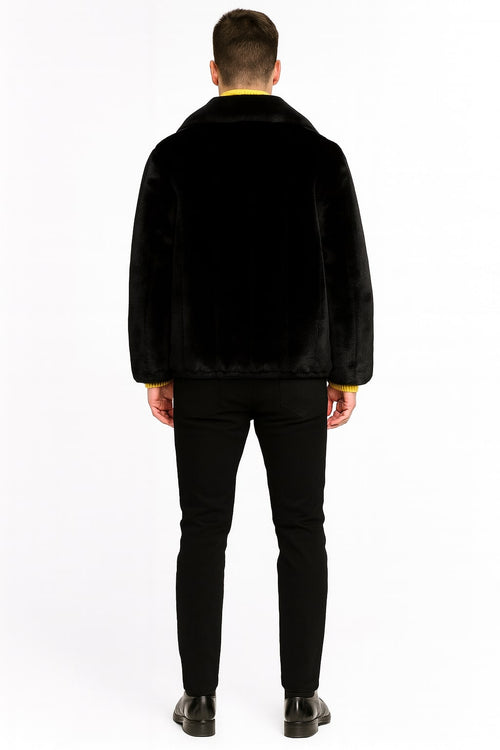 Mens Black Faux Fur Jacket Luxury Winter Zip-Up Coat with Soft Plush Finish