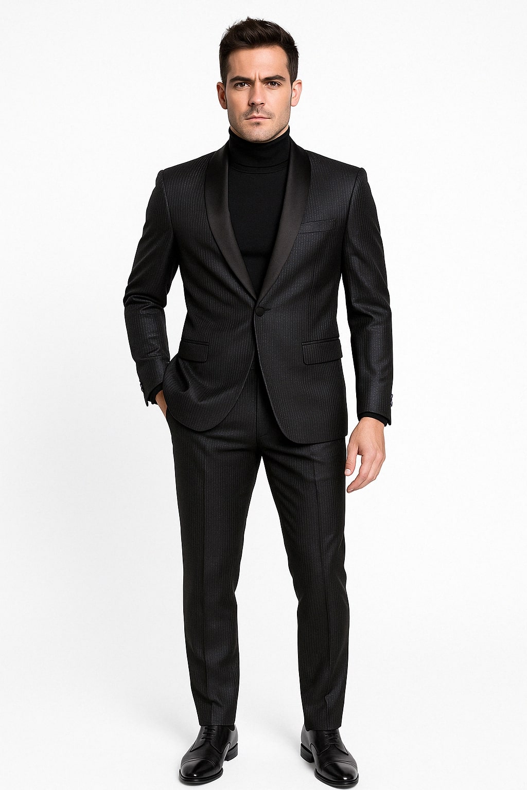 Mens Black Glitter Stripe Tuxedo with Satin Shawl Lapel – Slim Fit Formal Party Suit - 34 Short or Extra Small