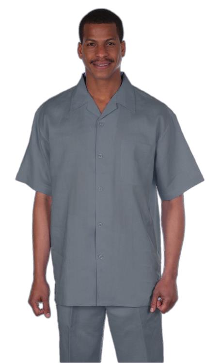Mens Walking Suits Casual Two Piece Sets Summer Short Sleeve Shirt & Pants Casual Two Piece Mens Walking Outfit For Sale Pant Sets Casual Suit Set Men's Suit 100% Mens Linen Suit - Fabric – Light Grey - M Or Medium