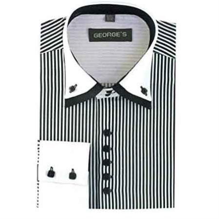 Black Long Sleeve White Collar Two Toned Contrast Two Tone Striped White Collared Contrast Men's Dress Shirt
