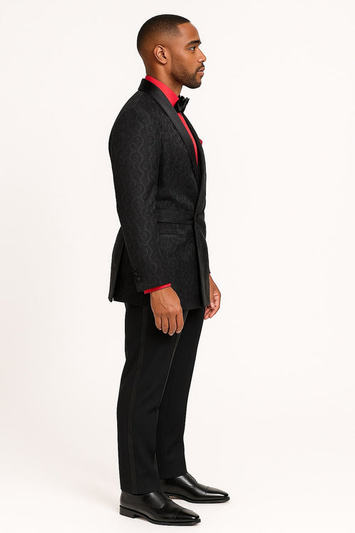 Mens Black Paisley Tuxedo Jacket with – Elegant Formalwear Smoking Jacket