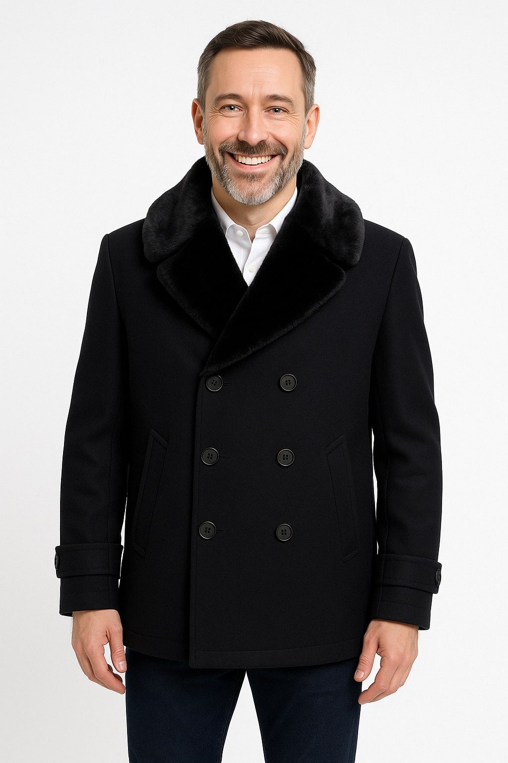 Mens Black Peacoat Wool Overcoat with Faux Fur Shawl Collar – Double-Breasted Winter Peacoat - Coat Size 38