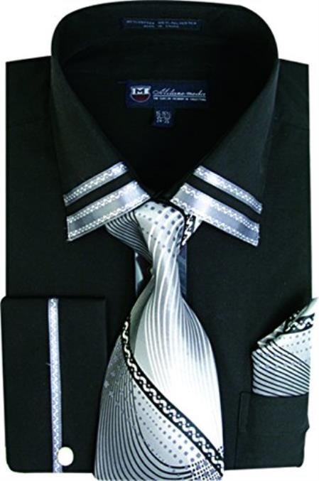Black Long Sleeve Two Toned Contrast Fashion Tie Set Men's Dress Shirt - 15.5 Neck / 34-35 sleeve