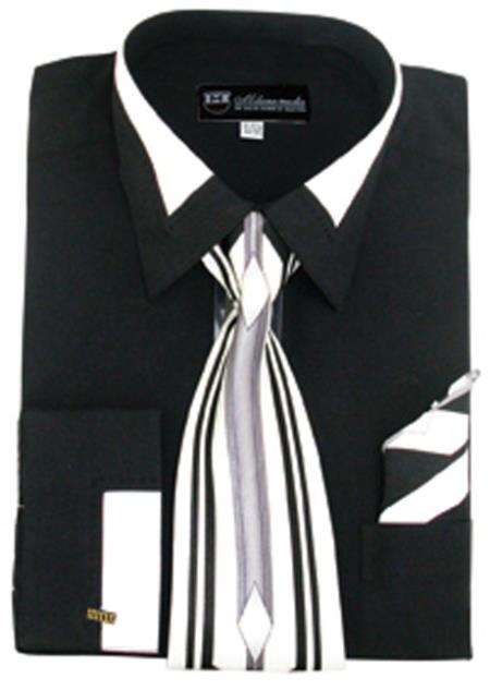 French Cuff Contrast Collar Matching Tie And Hanky Set Men's Dress Shirt - 15.5 Neck / 34-35 sleeve