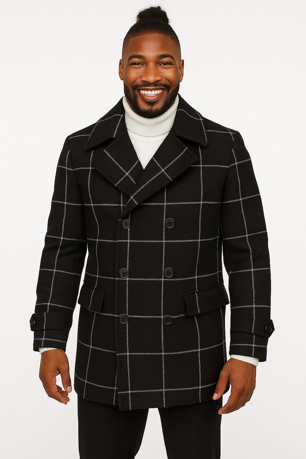 Mens Black Windowpane Check Wool Overcoat – Double-Breasted Winter Peacoat - Coat Size 38