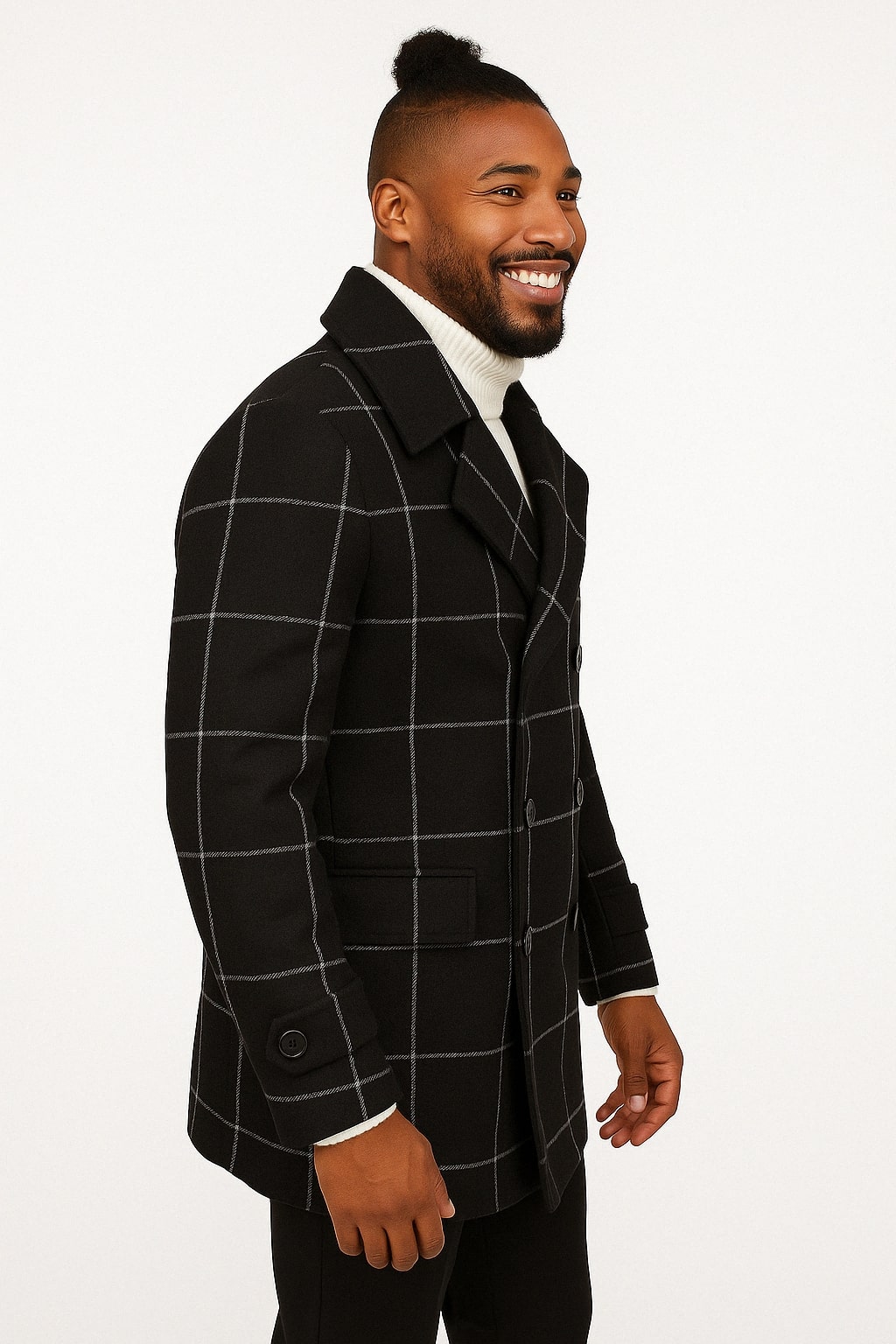 Mens Black Windowpane Check Wool Overcoat – Double-Breasted Winter Peacoat - Coat Size 38