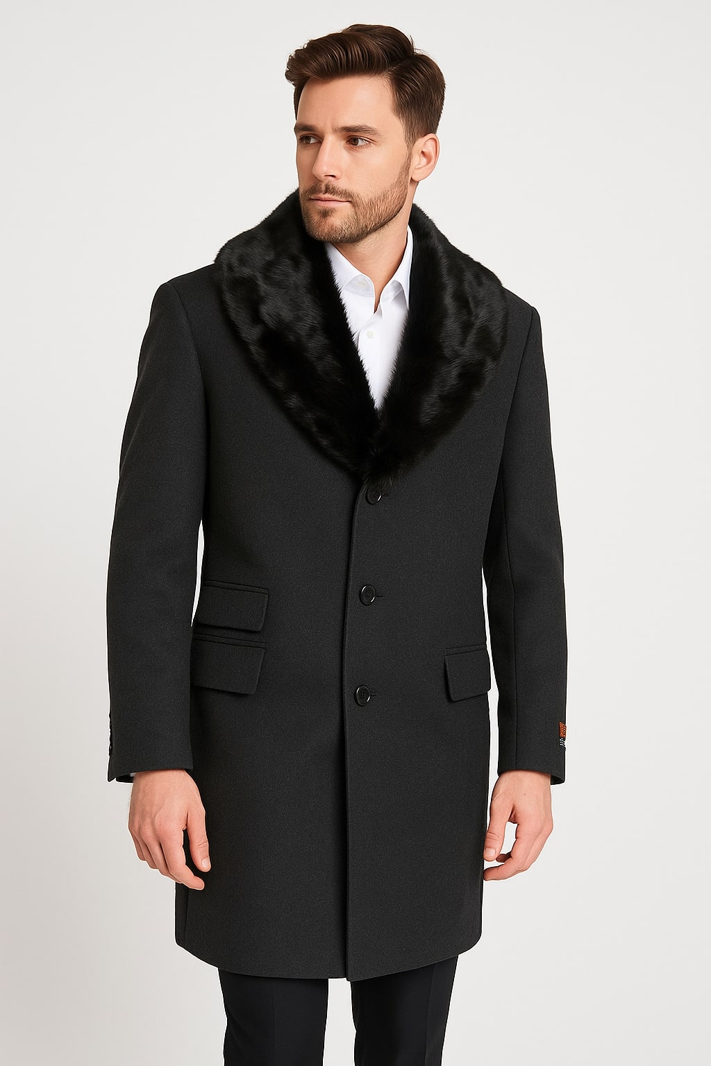 Mens Black Wool Overcoat with Black Faux Fur Collar – Luxury Winter Dress Coat - Coat Size 38