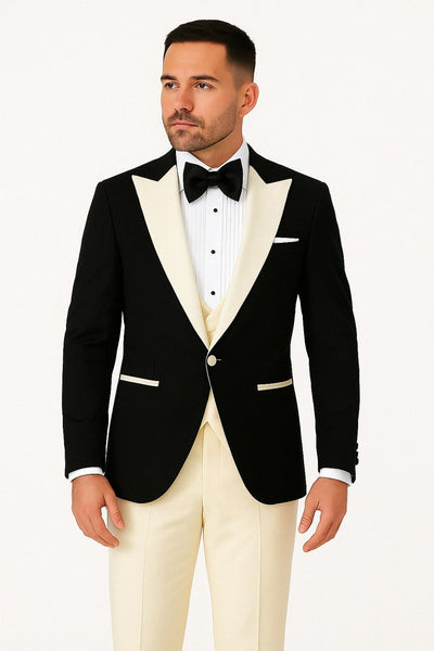 Mens Black and Ivory Tuxedo with Wide Shawl Lapel 3 Piece Black and off White Lapel ! Vested Suit