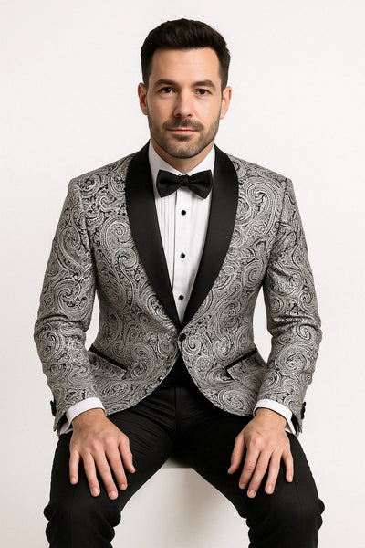 Mens Black and Silver Paisley Tuxedo with Satin Lapel and Bow Tie Formal Party Suit