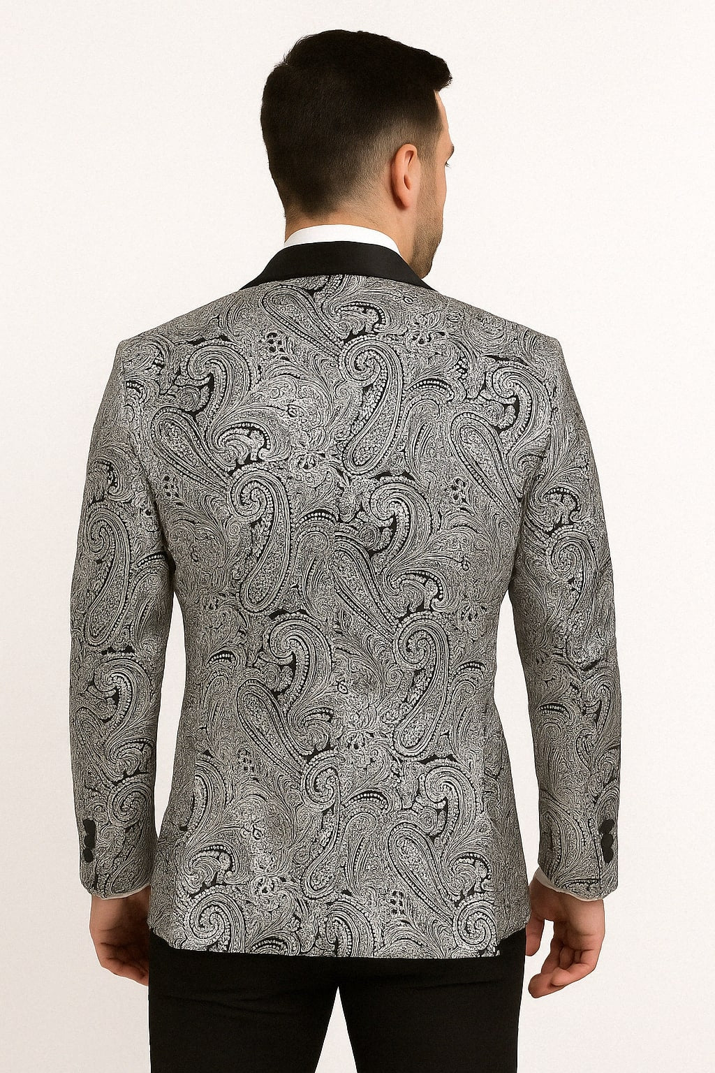 Mens Black and Silver Paisley Tuxedo with Satin Lapel and Bow Tie – Formal Party Suit - 34 Short or Extra Small