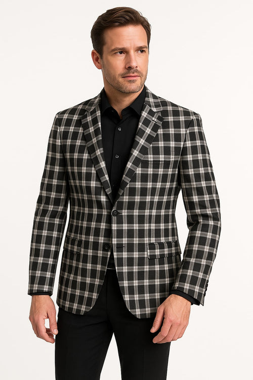 Mens Black and White Plaid Blazer Modern Fit Checkered Windowpane Pattern Business Sport Coat