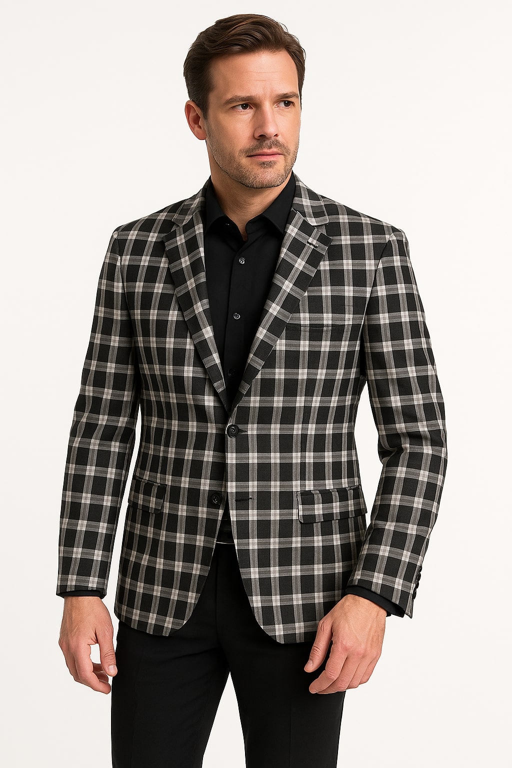 Mens Black and White Plaid Blazer – Modern Fit Checkered Windowpane Pattern Business Sport Coat - 36 Short
