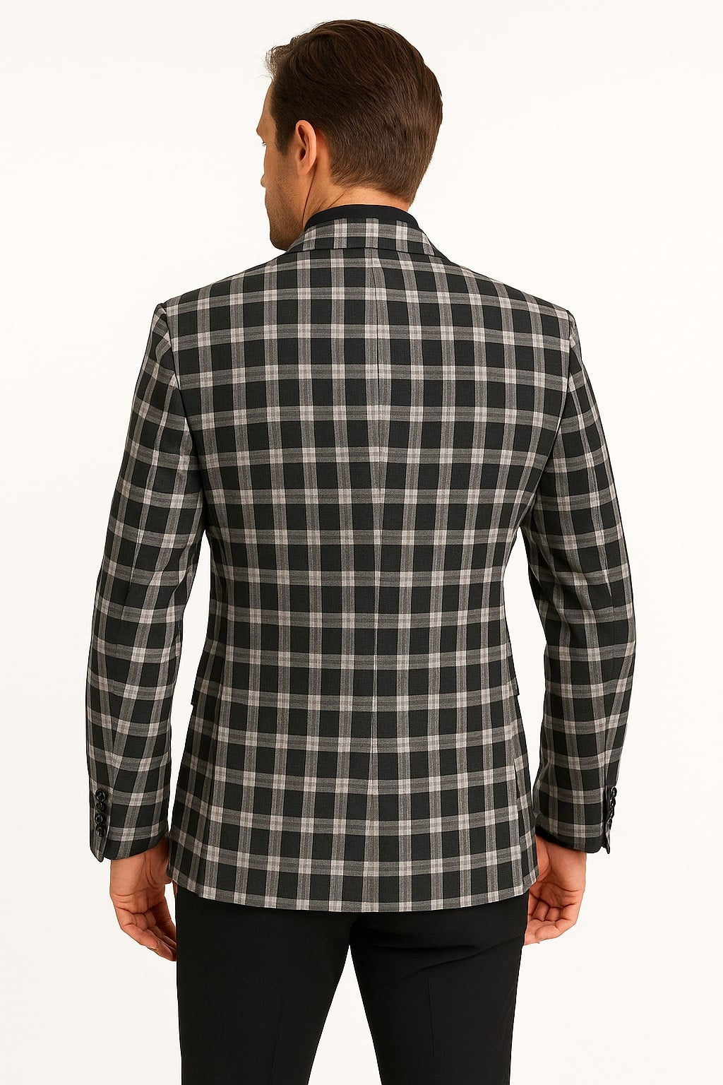 Mens Black and White Plaid Blazer – Modern Fit Checkered Windowpane Pattern Business Sport Coat - 36 Short