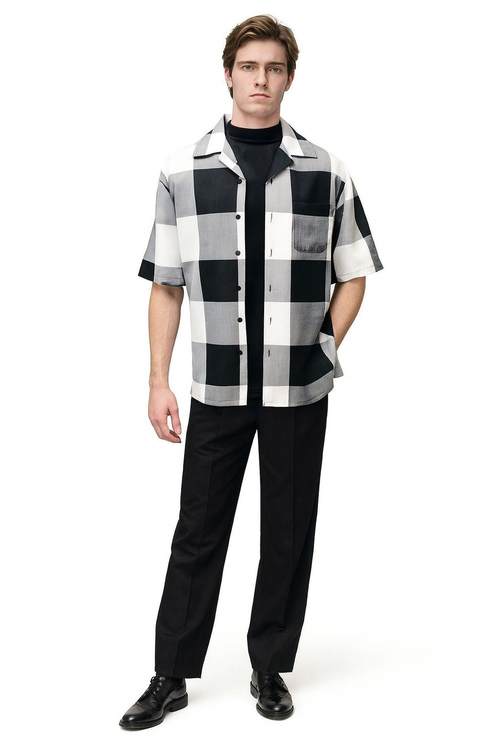 Mens Black and White Checkered Short Sleeve Shirt Set Casual Two-Piece Summer Outfit