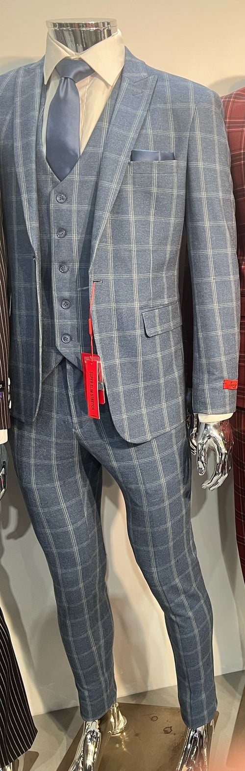Mens Blue Windowpane Checkered Slim Fit Suit 3 Piece Stretch Business Suit