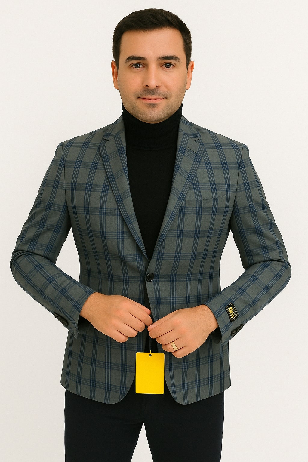 Mens Blue and Grey Windowpane Plaid Blazer – Casual Sport Coat - 36 Short