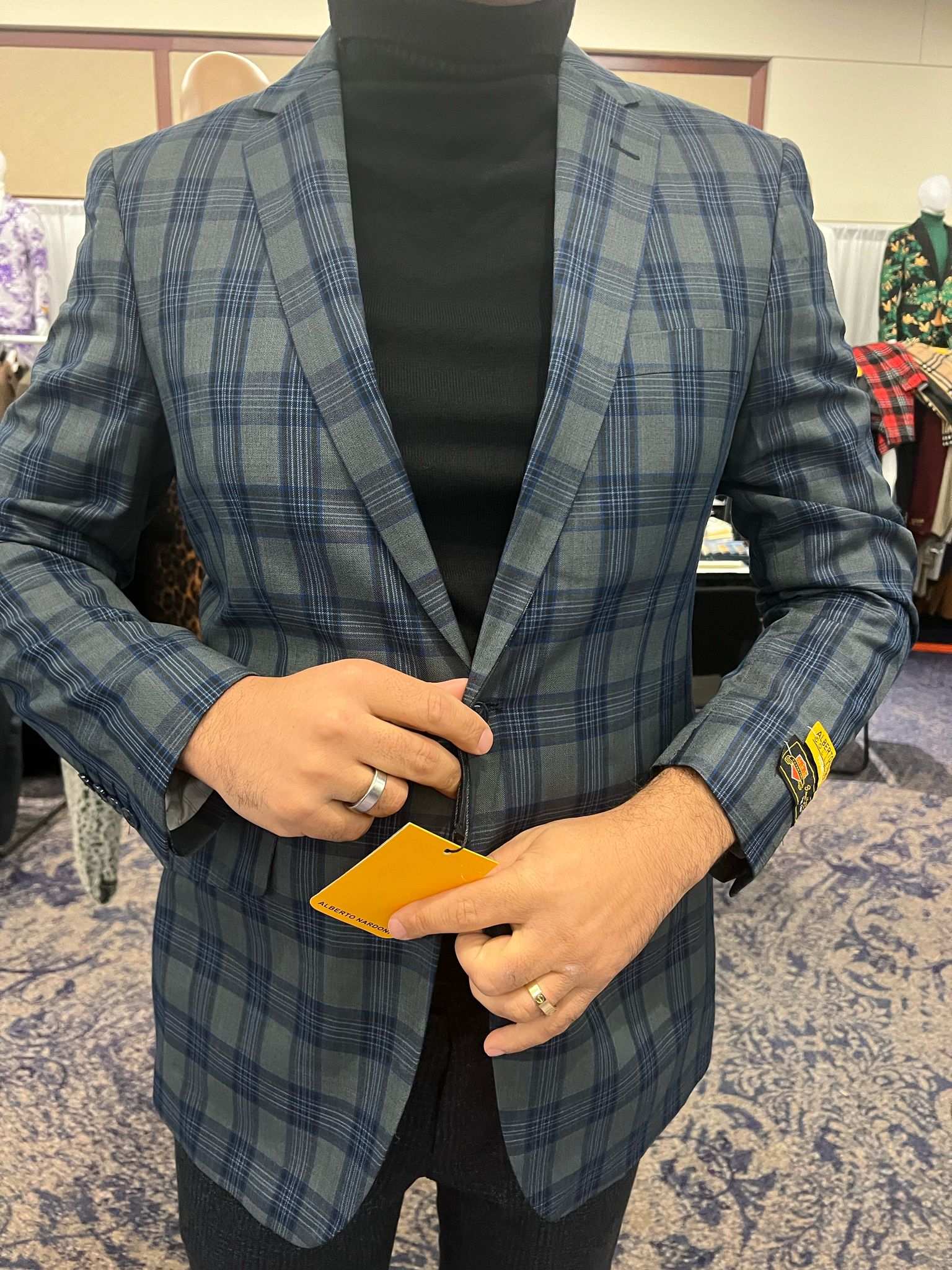 Mens Blue and Grey Windowpane Plaid Blazer – Casual Sport Coat - 36 Short