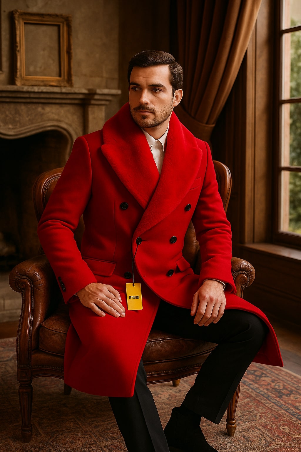 Mens Double Breasted Red Overcoat with Bold Red Faux Fur Collar – Alberto Nardoni Luxury Winter Coat - Coat Size 38