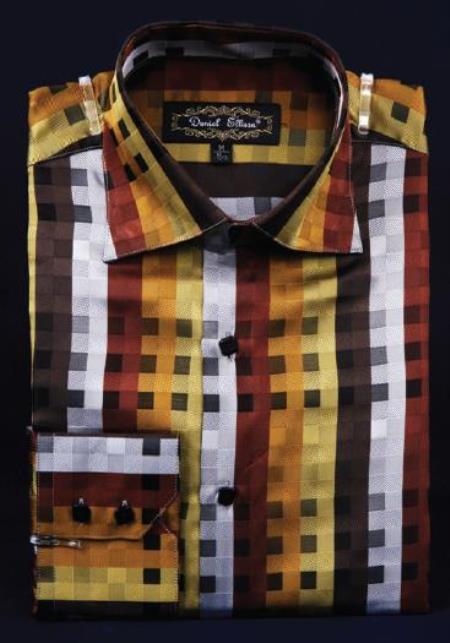 Brown Fancy Polyester Dress Fashion Shirt With Button Cuff Men's Dress Shirt Night Club Outfit Guys Wear For Men Clothing Fashion - M Or Medium