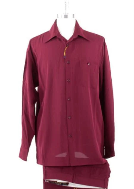 Men's Spread Collar Burgundy ~ Wine Maroon Color Casual Two Piece Walking Outfit Sale Pant Sets Suit Set (Shirt & Pants Included ) M Or Medium