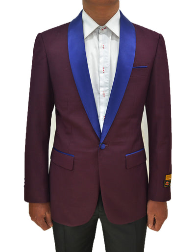 Mens Royal Blue Prom 2026 Tuxedo - Mens One Button Contrast Shawl Collar Dinner Jacket Burgundy & Royal