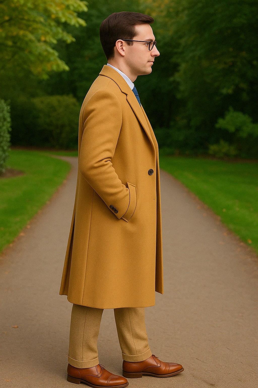 Great Gatsby Package - Mens Camel Overcoat with Beige Tweed 3-Piece Suit Combo 4 Items Formal Winter Outfit - Coat Size 38