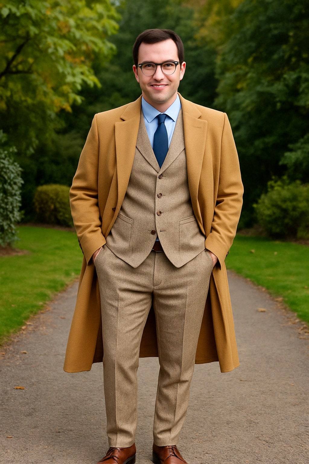 Great Gatsby Package - Mens Camel Overcoat with Beige Tweed 3-Piece Suit Combo 4 Items Formal Winter Outfit - Coat Size 38