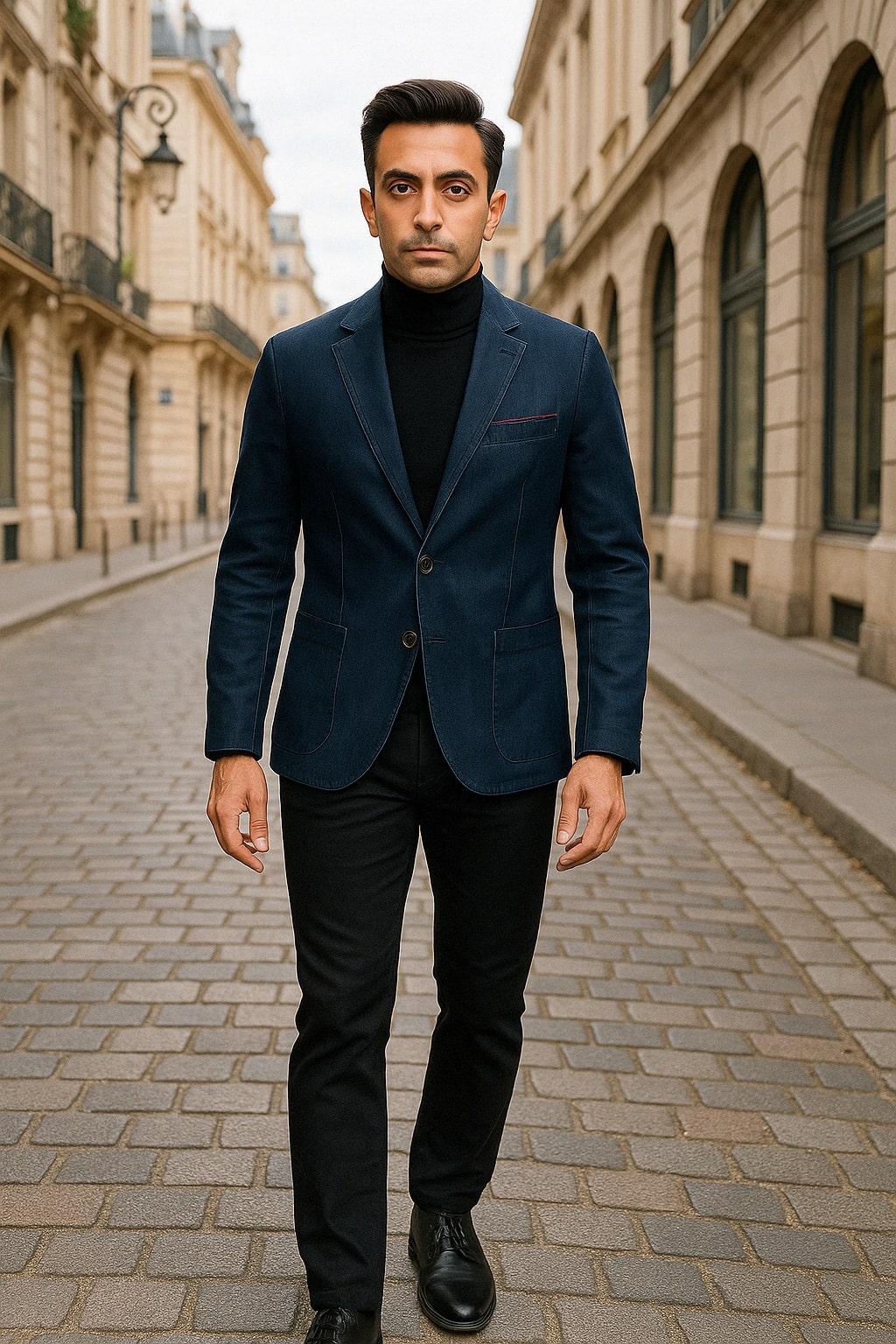 Mens Dark Blue Denim Casual Blazer with Notch Lapel and Single Button Closure - 36 Short