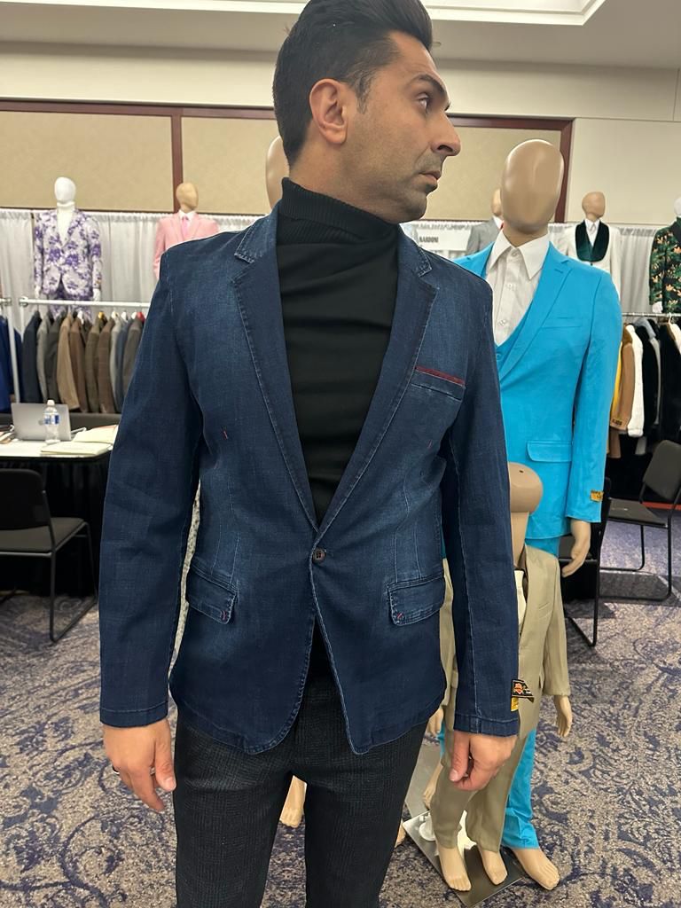 Mens Dark Blue Denim Casual Blazer with Notch Lapel and Single Button Closure - 36 Short