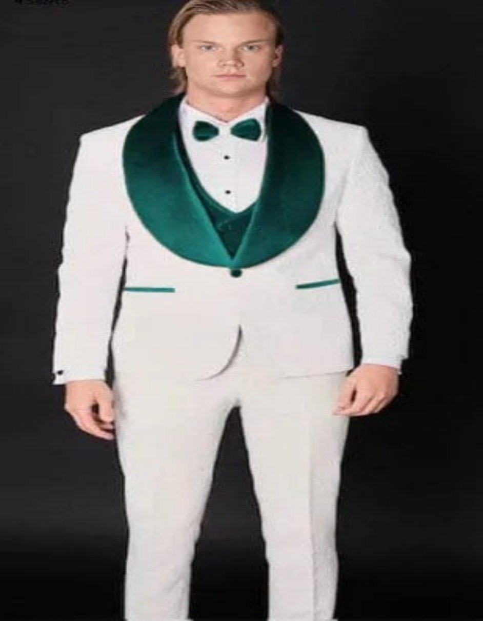 White and Teal Blue Lapel Tuxedo With Vest and Pants - Wedding Groom Suit - Coat Size 38