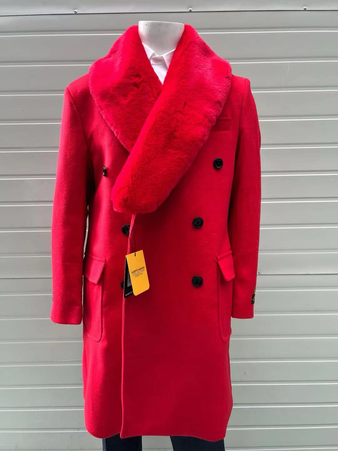 Mens Double Breasted Red Overcoat with Bold Red Faux Fur Collar – Alberto Nardoni Luxury Winter Coat - Coat Size 38