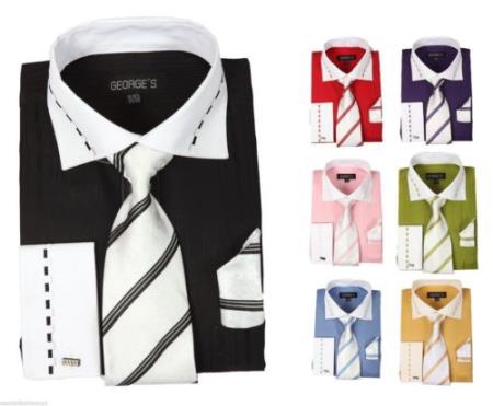 Fashion Tie&Hanky French Cuff Style White Collar Two Toned Contrast Multi-Color Men's Dress Shirt