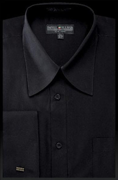 NTDS3008 Best Cheap Priced Designer Sale Men's Solid Black French Cuff Curved Pat Riley Collar Men's Dress Shirt - 15.5" Neck / 34-35" Sleeve