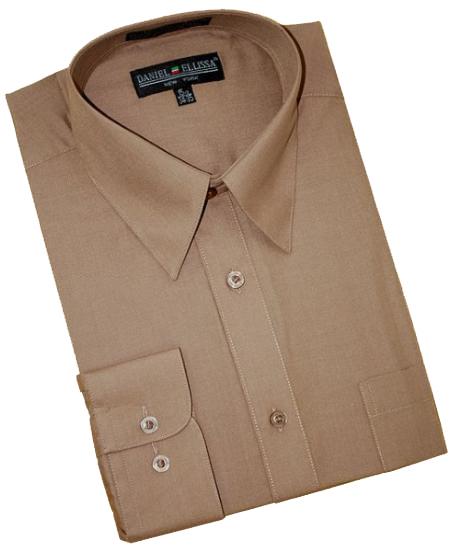 Small Taupe Cotton Blend Convertible Cuffs Men's Dress Shirt