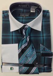 Avanti Uomo French Cuff Windowpane Dress Shirt Set With Tie, Hanky And Cuff Links Teal 18 19 20 21 22 Inch Neck Men's Dress Shirt