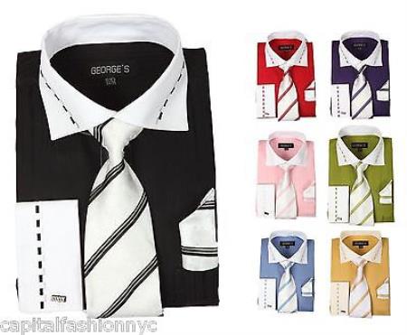 Casual Formal Tie Handkerchief Set White Collar Two Toned Contrast Tonal Striped Multi-Color Men's Dress Shirt With Tie - Large 16.5" Neck / 36-37" sleeve