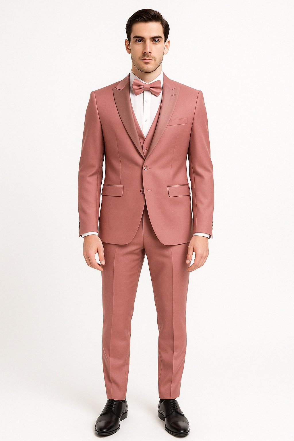 34 Mens Dusty Pink Three-Piece Slim Fit Tuxedo with Contrast Satin Lapel and Bow Tie 34 Mens Dusty Pink Three-Piece Slim Fit Tuxedo with Contrast Satin Lapel and Bow Tie