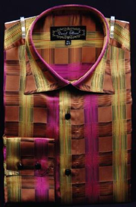 Men's Fuschia Fancy Polyester Dress Fashion Shirt - M Or Medium