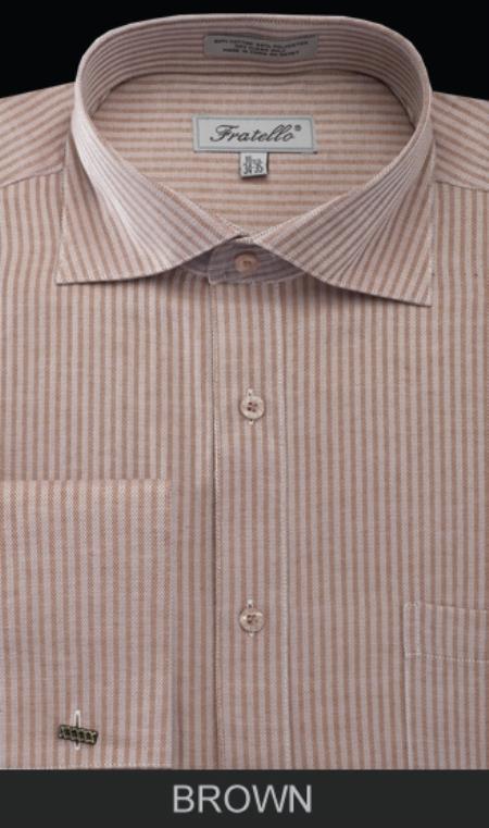Men's Brown Classic Type Stripe French Cuff Dress Shirt - Striped Dress Shirt - Mens Pinstripe Dress Shirt - Medium 15.5" Neck / 34-35" Sleeve