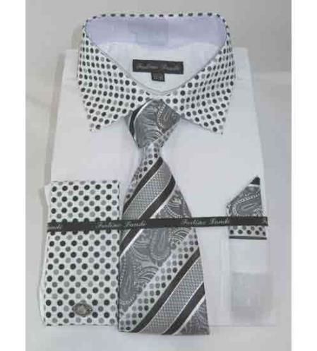 White French Cuff Solid Body With Poka-A-Dot Collar Men's Dress Shirt - 15.5" Neck 34-35 Sleeve