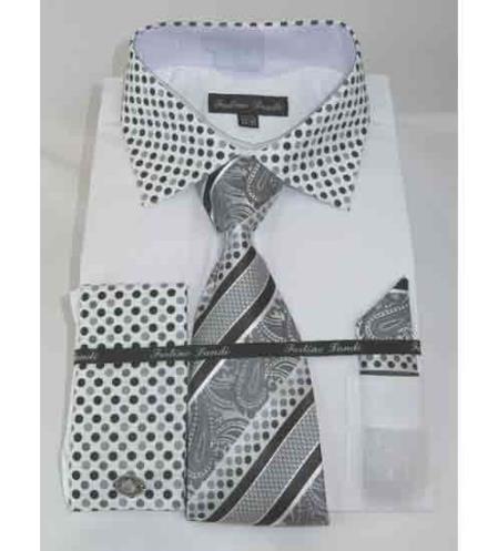 White French Cuff Solid Body With Poka-A-Dot Collar Men's Dress Shirt