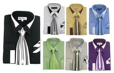 Classic French Cuff Set w/ tie and Handkerchief Men's Dress Shirt - SG34
