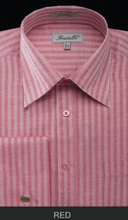 Fratello French Cuff Red - Herringbone Tweed Stripe Big And Tall Sizes 18 19 20 21 22 Inch Neck Men's Dress Shirt - 22.5" Neck /36-37" Sleeve