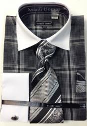 Avanti Uomo French Cuff Set With Tie, Hanky And Cuff Links Black 18 19 20 21 22 Inch Neck Men's Dress Shirt - Large 16.5" Neck / 34-35" Sleeve