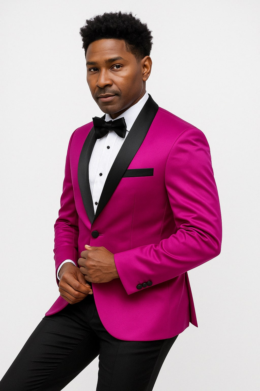 Mens Fuchsia Pink Satin Tuxedo Jacket with Black Peak Lapel – Bold Slim Fit Formal Suit - 34 Short or Extra Small